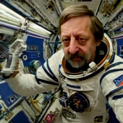 Image similar to film still of astronaut slavoj zizek falling away from the space station in gravity