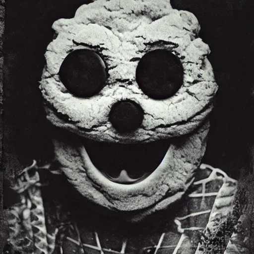 Prompt: creepy cookie monster, demonic, evil grin, tintype, realistic.