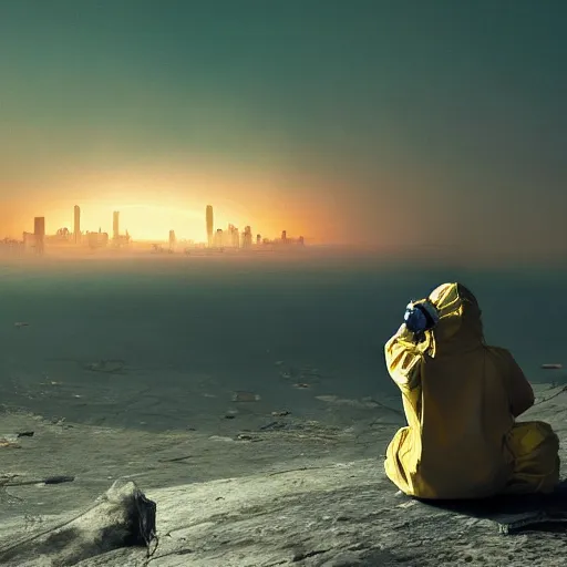 Prompt: a beautiful award-winning photo of the last man on Earth wearing a hazmat suit, sitting, serene post-nuclear background on the horizon, a mirage of a skyline of a destroyed city, numerous fires, volumetric lighting, hazy, a mothership hovering high up in the sky, very high quality, extremely detailed, subtle visual noise, 8K