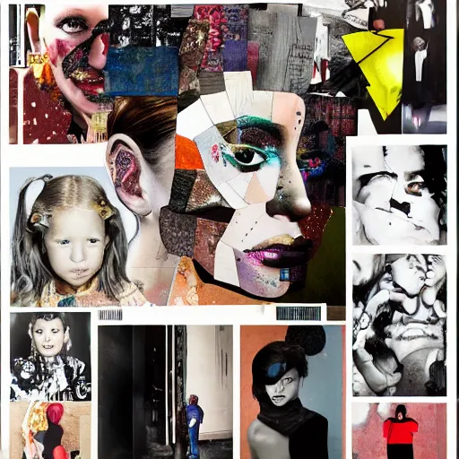 Image similar to a chaotic collage made out of fragments of printed images taken from the internet, fashion magazines, and family photographs all coming together to form hybrid faces with twisted features in the Dadaesque style, mixed media