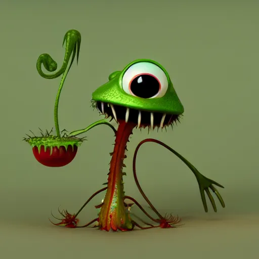 Image similar to cute anthropomorphic venus flytrap carniverous plant creature with many leaf arms and vine legs and big eyes detailed character concept 3 d pixar style render 4 k