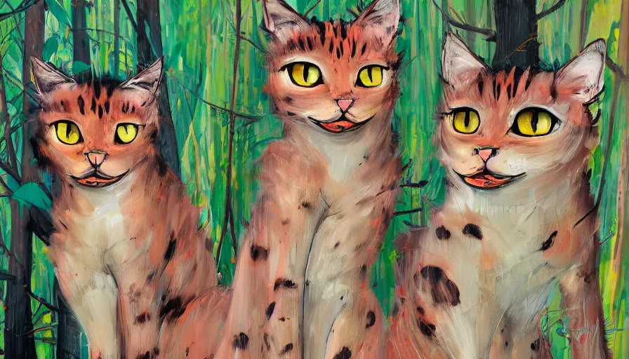 Image similar to highly detailed contemporary acrylic painting of really tall sitting cats by greg tocchini, thick brush strokes and visible paint layers, dense overgrown forest background, vivid pastel color scheme