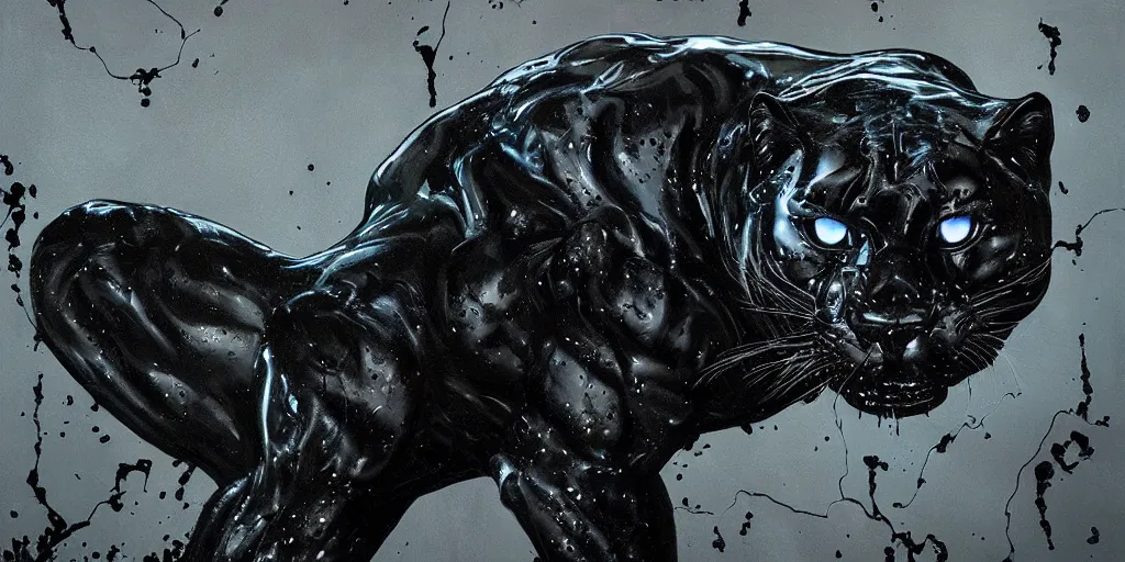 Image similar to the panther made of black goo, dripping tar, drooling ferrofluid, prowling through a suburban neighborhood. painting, environment art, realistic, detailed