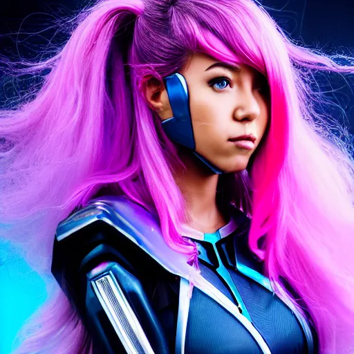 Image similar to a stunning high shutter speed action upper body portrait of a beautiful woman with a ombre purple pink hairstyle with hair flying wearing futuristic navy blue and teal battle bodyarmor and pauldrons by marvel comics, outrun, vaporware, action photography, highly detailed, fine detail, intricate, digital art, trending on artstation