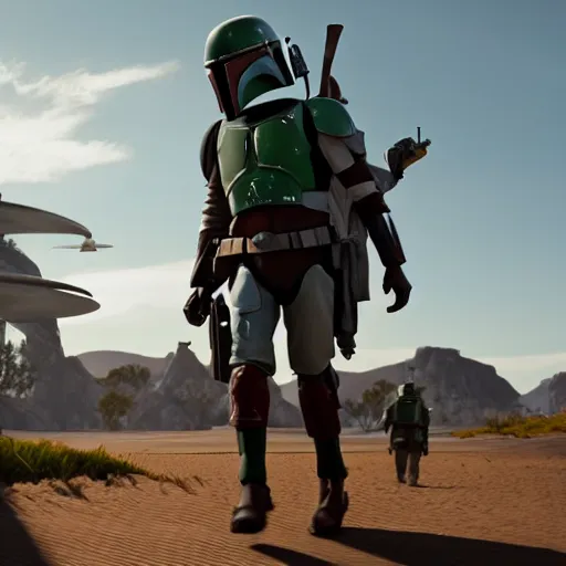 Image similar to Boba fett walking towards Slave 1, pixar style, beautiful lighting, Unreal engine