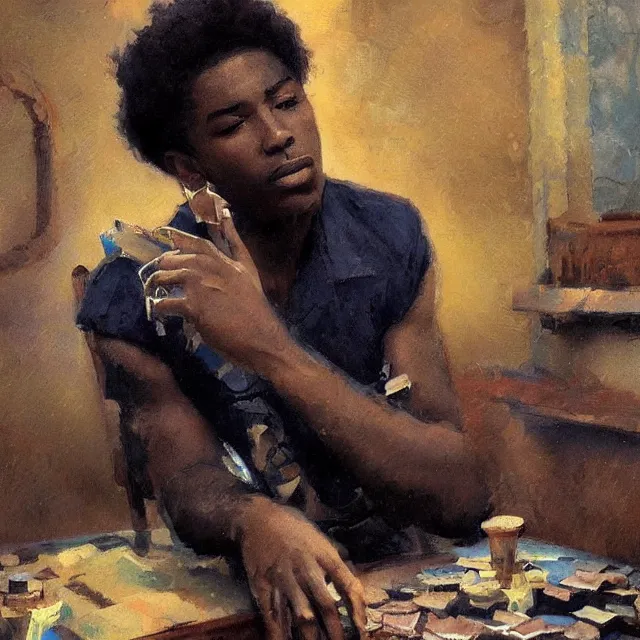 Image similar to 2 0 year old black man, with short hair, smoking tobacco, sitting in a pool of money, portrait, elegant, intricate, digital painting, artstation, concept art, smooth, sharp focus, illustration, art by konstantin korovin and daniel f. gerhartz and john howe