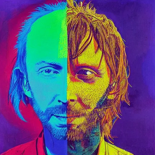 Image similar to cheerful, bright, colorful, sunny, and very detailed portrait of thom yorke, painted by max ernst