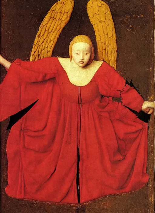 Image similar to Flying Fallen Angel with wings dressed in red, Medieval painting by Jan van Eyck, Johannes Vermeer, Florence