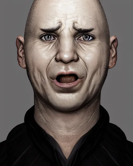 Prompt: portrait of a 4 0 - year - old bald character, male, with a white complexion, wide, cat - like scarlet eyes, a nose flat like a snake's nose, and a thin mouth, wearing in black clothes, hyper realistic face, beautiful eyes, character art, art by mark brooks, hyperdetailed, cryengine, trending on artstation, digital art