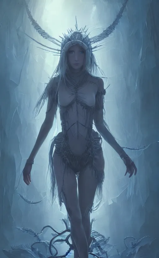 Prompt: a girl from final fantasy live action, arachnid bug queen, evocative, mystical night, very very very very detailed, award winning, masterpiece digital painting by greg rutkowski, alex grey, artstation, 4 k wallpaper