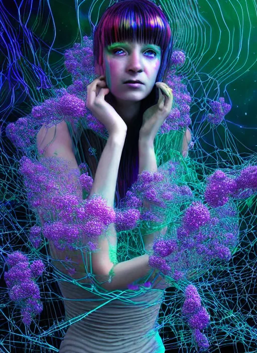 Prompt: hyper detailed 3d render like a Oil painting - Aurora (evocative cyberpunk and oil rainbow faced Singer) seen Eating of the Strangling network of milky Fruit and Her delicate Hands hold of gossamer polyp blossoms bring iridescent fungal flowers whose spores black out the foolish stars by Jacek Yerka, Mariusz Lewandowski, Houdini algorithmic generative render, Abstract brush strokes, Masterpiece, Edward Hopper and James Gilleard, Zdzislaw Beksinski, Mark Ryden, Wolfgang Lettl, hints of Yayoi Kasuma, octane render, 8k