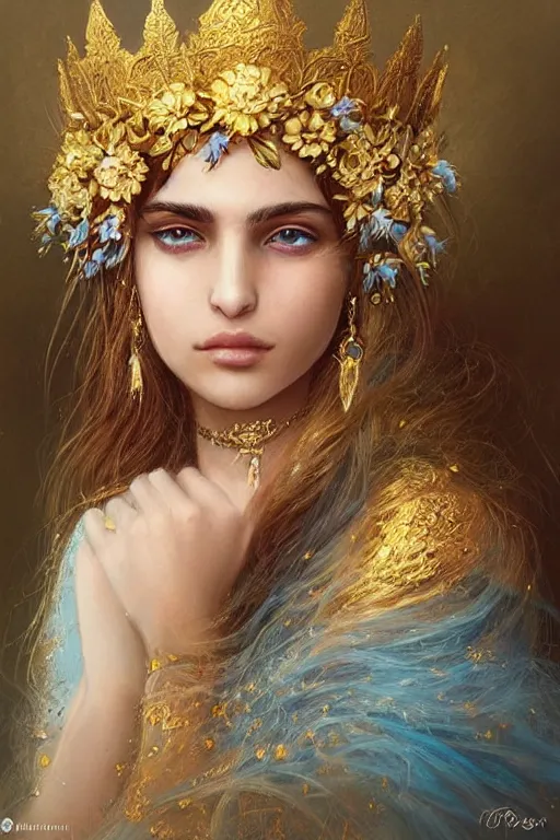 Image similar to a pale Persian girl with golden hair, floral crown, sad blue eyes, cinematic lighting, ultra detailed, highly detailed, sharp focus, golden background with flowers, golden jewellery with blue sapphires, photographic, art by artgerm and greg rutkowski and zdislav beksinski