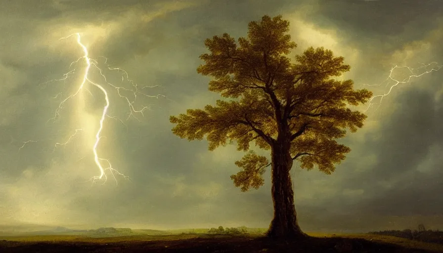 Image similar to A beautiful, highly-detailed oil painting of a lightning striking a lonely oak tree in the middle of a dark, stormy landscape