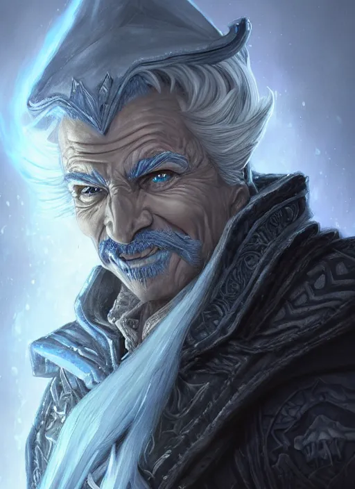 Image similar to portrait of an old male ice mage as a diablo 3 character, looking at camera, D&D, ice magic, long black hair, intricate, elegant, stylish, cute smile, fantasy, extremely detailed, digital painting, artstation, concept art, smooth, sharp focus, illustration, ambient lighting, art by artgerm and greg rutkowski and alphonse mucha and simon stalenhag