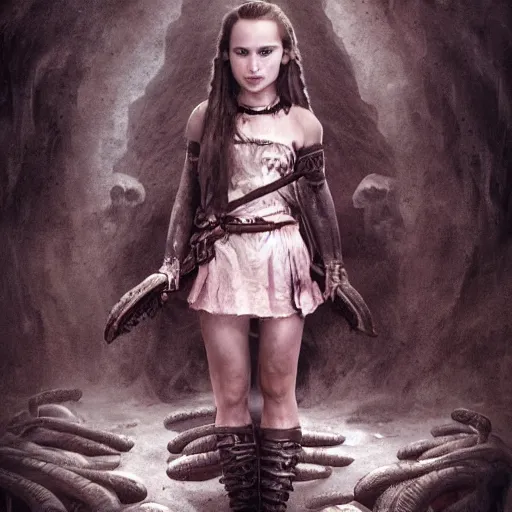 Image similar to full length portrait of a beautiful little girl standing on a lot of skulls in the hell, natalie portman, pigtails hairstyle, dark fantasy, high detailed, concept art, sharp focus, illustration