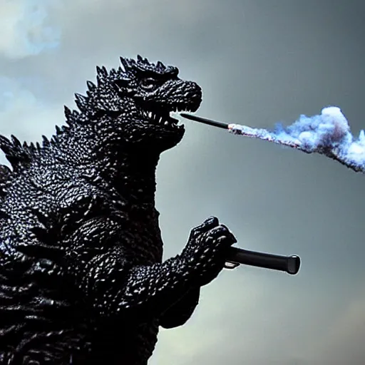 Image similar to godzilla smoking a bong, 5 5 mm