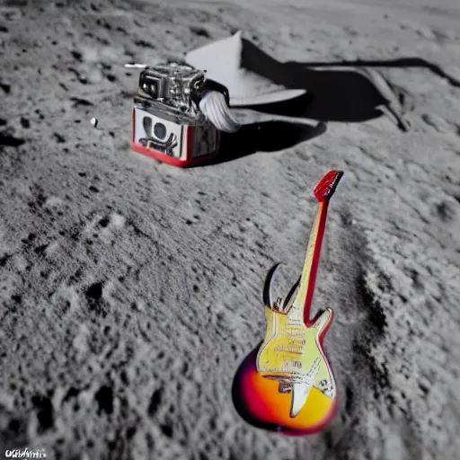 Image similar to a photo of a detailed, realistic, idle, regular sized electric guitar next to a beer can on the moon. detailed photo. realistic photo