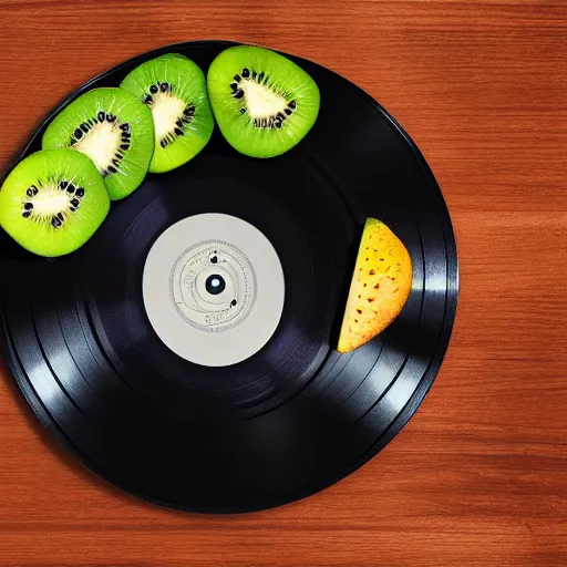 Prompt: miniature of vinyl turntable vinyl record in shape of huge kiwi fruit, 4 k, digital art, unreal render, hyperrealistic textures, product shot, top view