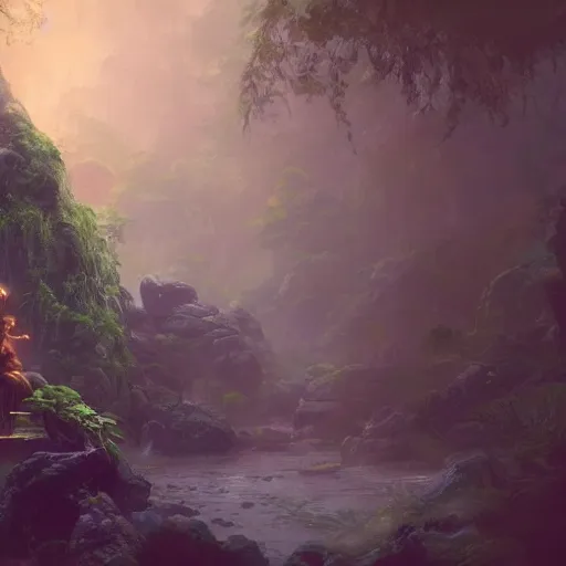 Prompt: concept art of a jungle path with a huge stone woman statue, religious, in the style of fenghua zhong and ruan jia and jeremy lipking and peter mohrbacher, mystical colors, rim light, beautiful lighting, 8 k, stunning scene, raytracing, octane, trending on artstation