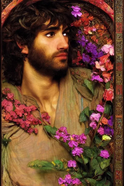 Prompt: close up of a attractive male surrounded by colourful flowers orientalist intricate portrait by john william waterhouse and edwin longsden long and theodore ralli and nasreddine dinet, hyper realism, dramatic lighting