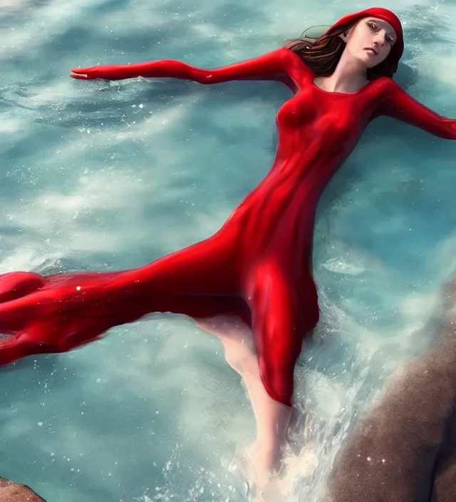 Prompt: scarlet witch floating in the sea while asleep and she is glowing red, nostalgia, very detailed texture, realistic shaded lighting, studio quality, digital art, dark background style by wlop, unreal engine 5 rendered, octane rendered, pinnacle studio, naturel, trending on artstation, art style by nixeu and ian sprigger