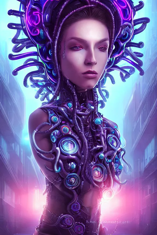 Image similar to A perfectly-centered ultradetailed realistic RPG cosplay airbrushed digital art portrait-illustration of a beautiful symmetrical lovecraftian Medusa wearing a cyberpunk suit and reflective neon-noir armor with modesty, standing next to bioluminiscent otherworldly sci-fi towers, epic poster art, 3D rim light, octane render, artstationHQ.