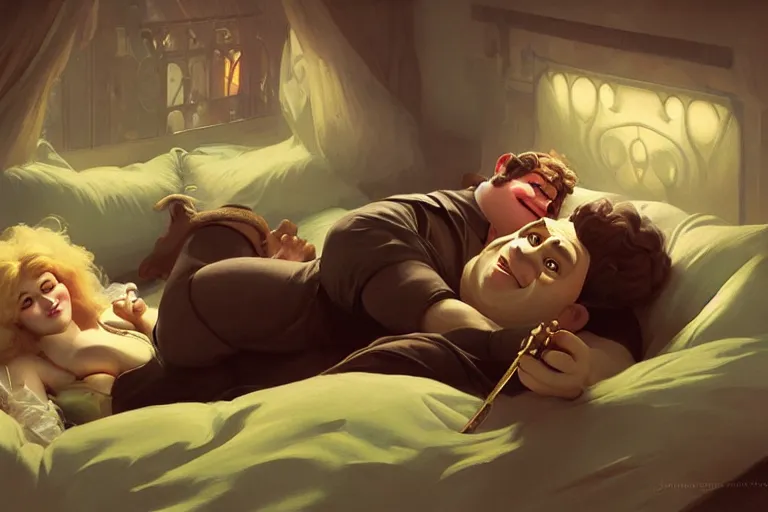 Image similar to pushkin and shrek lying in bed together, portrait, highly detailed, digital painting, artstation, concept art, smooth, sharp focus, illustration, cinematic lighting, art by artgerm and greg rutkowski and alphonse mucha