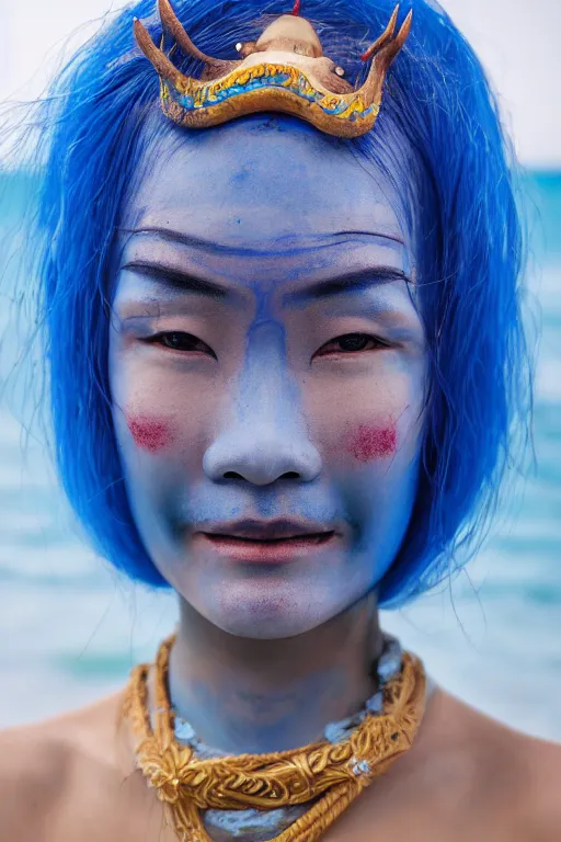 Image similar to a chinese woman dressed as a blue-skinned triton standing on a beach, blue body paint, high resolution film still, 8k, HDR colors, cosplay, outdoor lighting, high resolution photograph, photo by bruce weber, beautiful symmetric face