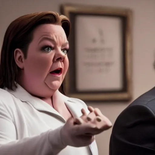 Image similar to cinematic still from a sci - fi absurdist comedy with ricky gervais as melissa mccarthy, dramatic