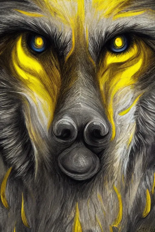 Image similar to ultra realist and ultra intricate detailed soft painting of a werewolf, symmetry features, glowing yellow eyes, sensual gloomy style, volumetric clouds