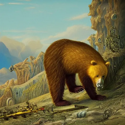 Prompt: a biomechanical bear eating honey in a desolate landscape, high detail, colorful