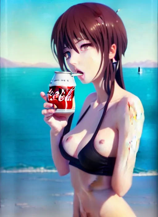 Image similar to full body picture of a extremely beautiful and attractive and cute and aesthetic girl drinking a coke, highly detailed face, very thirsty, dripping on the body, sharp focus, shiny day on the beach, specular reflection, occlusion shadow, trending on artstation, epic light novel cover art, art by ilya kuvshinov and sakimichan and jeremy lipking