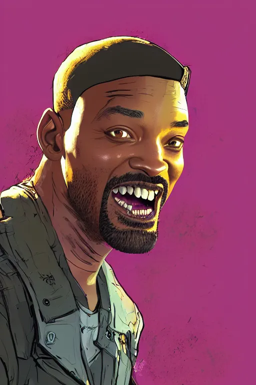 Prompt: a study of a cell shaded protrait of Will smith as a psycho from Borderlands 3 concept art, llustration, post grunge, concept art by josan gonzales and wlop, by james jean, Victo ngai, David Rubín, Mike Mignola, Laurie Greasley, highly detailed, sharp focus, alien, Trending on Artstation, HQ, deviantart, art by artgem