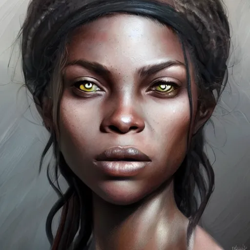 Image similar to beautiful, very strong, african american, female, middle aged, face, no makeup, no tattoos, warrior, battle hardened, head shot, fantasy, highly detailed, digital painting, artstation, concept art, smooth, sharp focus, illustration, art by jodie muir and brom