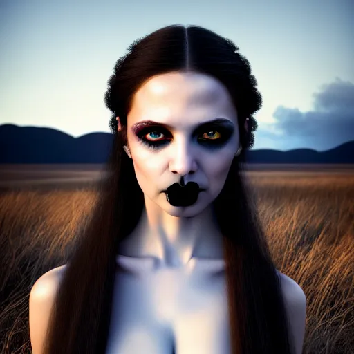 Image similar to photographic portrait of a stunningly beautiful gothic femalewith glowing eyes in soft dreamy light at sunset, contemporary fashion shoot, by edward robert hughes, annie leibovitz and steve mccurry, david lazar, jimmy nelsson, breathtaking, 8 k resolution, extremely detailed, beautiful, establishing shot, artistic, hyperrealistic, beautiful face, octane render