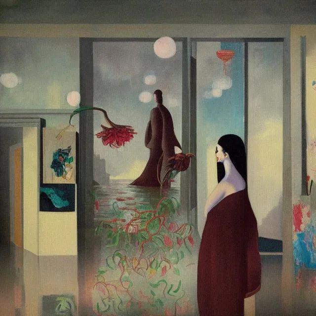 Image similar to tall emo artist in her flooded apartment, painting of flood waters inside an artist's home, a river flooding indoors, pomegranates, pigs, ikebana, zen, water, octopus, river, rapids, waterfall, black swans, canoe, berries, acrylic on canvas, surrealist, by magritte and monet