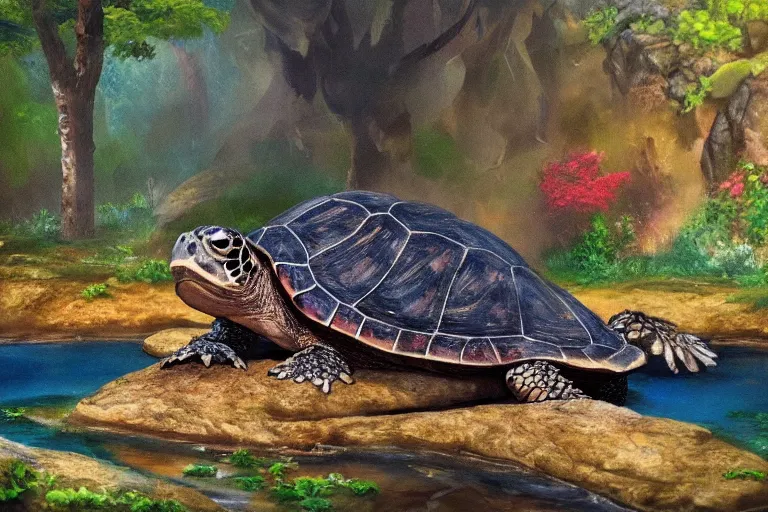 Prompt: highly detailed oil painting of a turtle man sitting in a steaming colorful hotspring with woodland forest backdrop, featured on artstation