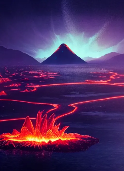 Image similar to night fantasy landscape with abstract mountains and island on the water, explosive volcano with burning lava, neon light. dark futuristic natural scene with reflection of light in the water, cinematic view, detailed, high detail, warm lighting, volumetric, godrays, vivid, beautiful, trending on artstation, by jordan grimmer, huge scene, art greg rutkowski