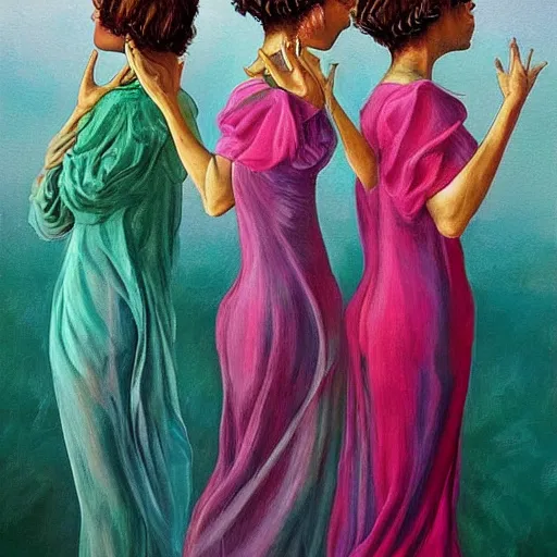 Image similar to The performance art is a beautiful work of art. The three graces are depicted as beautiful young women, each with their own unique charms. The performance art is full of color and life, and the women seem to radiate happiness and joy. by Chris Moore haunting