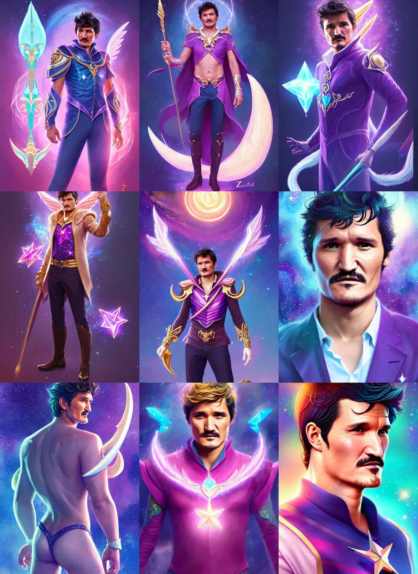 Prompt: full body portrait of pedro pascal as a magical star guardian. detailed face, concept art, intricate, highly detailed 8 k, smooth, sharp focus, handsome and aesthetic shape of face and body, artgerm, artstation, art by zexi guo and nira and junpei suzuki and gharliera and rinotuna