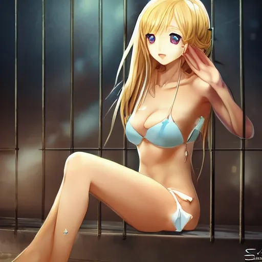 Image similar to a very beautiful young anime girl sitting in a dark prison cell, full body, long wavy blond hair, sky blue eyes, full round face,, shiny golden bikini, miniskirt, front shot, sitting in a dark prison cell, highly detailed, cinematic wallpaper by stanley artgerm lau
