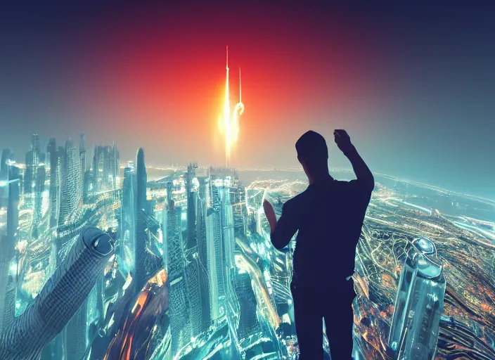 Image similar to closeup of a man [ standing on the pinnacle of the burj khalifa ]!!, holding a camera, viewing out into a [ futuristic cityscape ]!!, dusk atmosphere, digital art illustrated by max hay and greg rutkowski, [ 8 0 s neon art style ]!!, neon wallpaper!!, golden ratio!!, centered!!