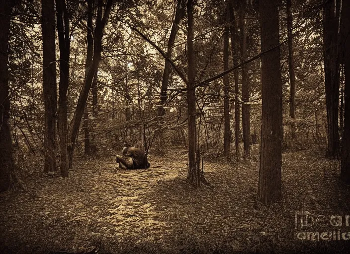 Prompt: old retro burnt out sepia photograph with scratches of an old and wrinkled man biting into a golden coin with his teeth. magical forest in the background with bokeh. Antique. High quality 8k. Intricate. Sony a7r iv 35mm. Award winning.