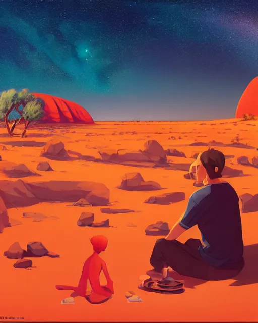 Image similar to man sitting at uluru, medicine drum, night sky, small fire, cosmic sky, behance hd by jesper ejsing, by rhads, makoto shinkai and lois van baarle, ilya kuvshinov, rossdraws global illumination radiating a glowing aura global illumination ray tracing hdr render in unreal engine 5