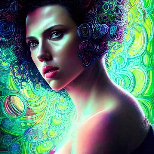 Image similar to portrait of scarlett johansson, hyper detailed masterpiece, neon floral pattern, jean giraud, digital art painting, darkwave goth aesthetic, psychedelic, artgerm, donato giancola and tom bagshaw