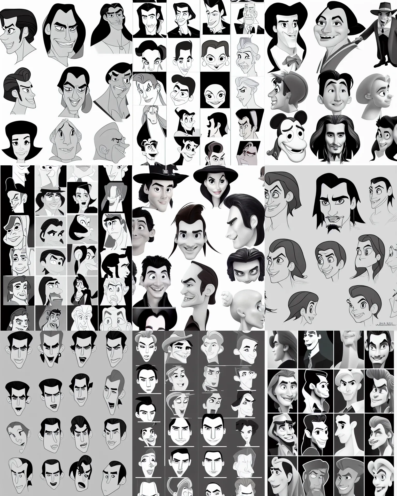 Prompt: !pencil, 2d disney! johnny depp big close up head expression angles portrait disney animation flat grayscale model sheet styles