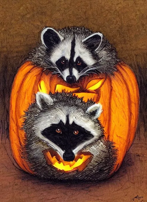 Image similar to halloween pumpkin in the shape of a raccoon by Rebecca Guay art, high quality, highly detailed,