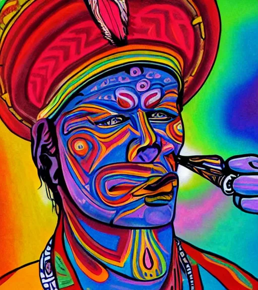 Image similar to Painting in a style of Alex Grey of a shaman dressed in a colorful traditional clothes. He is smoking a pipe