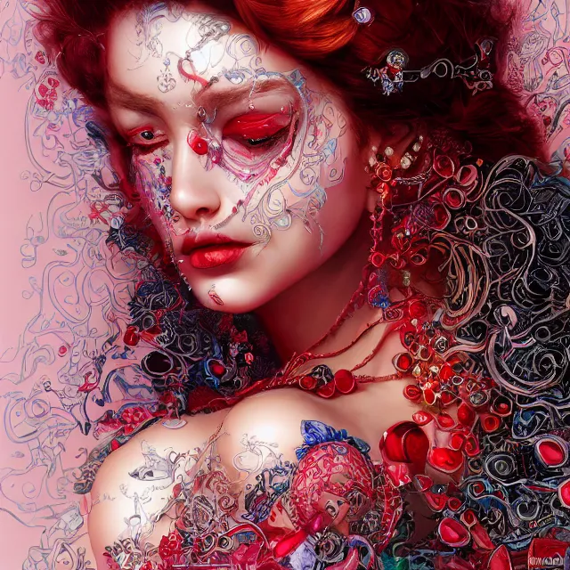 Image similar to studio portrait of absurdly beautiful, elegant, young hypercolorful woman made of rubies and red gems, ultrafine hyperrealistic detailed face illustration by kim jung gi, irakli nadar, intricate linework, sharp focus, bright colors, matte, octopath traveler, final fantasy, unreal engine highly rendered, global illumination, radiant light, intricate environment