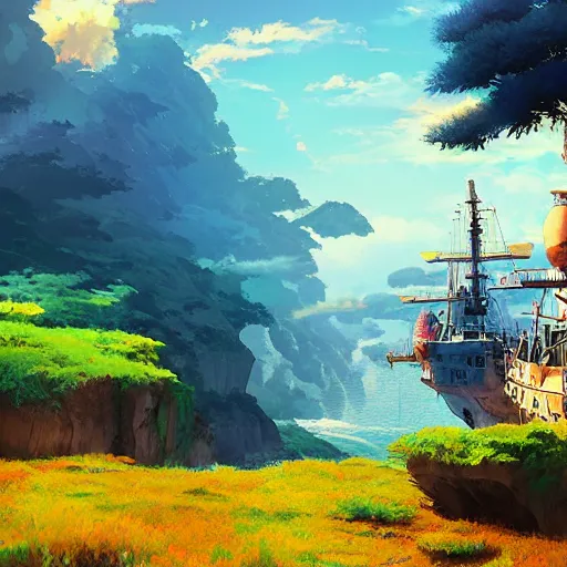 Image similar to disco diffusion painting of a pirates landscape by makoto shinkai, masterpiece, contest award winner